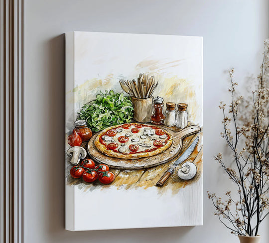 Swirling brushstrokes around the rustic pizza and ingredients enhance the sense of movement in this appetizing kitchen canvas artwork.