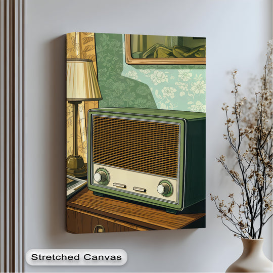 Wafting through the air, the vintage radio on this olive nostalgia canvas art prints seems to pulse with sound, bringing the still life scene to vibrant life.