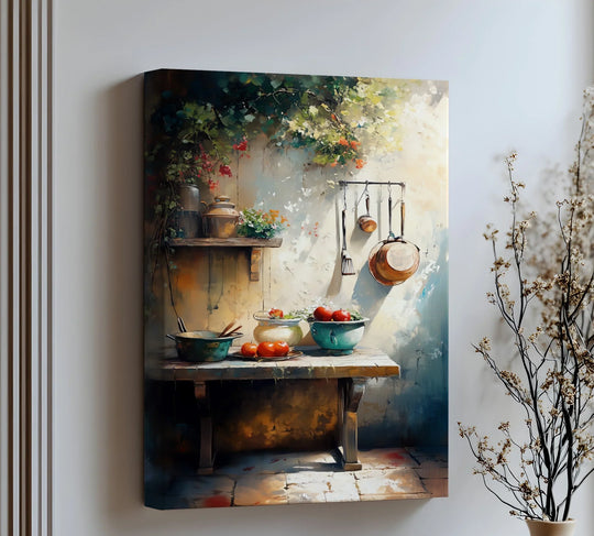 Featuring vibrant color saturation, the big canvas prints showcase a rustic Tuscan Courtyard Kitchen scene with ripe tomatoes and hanging cookware.