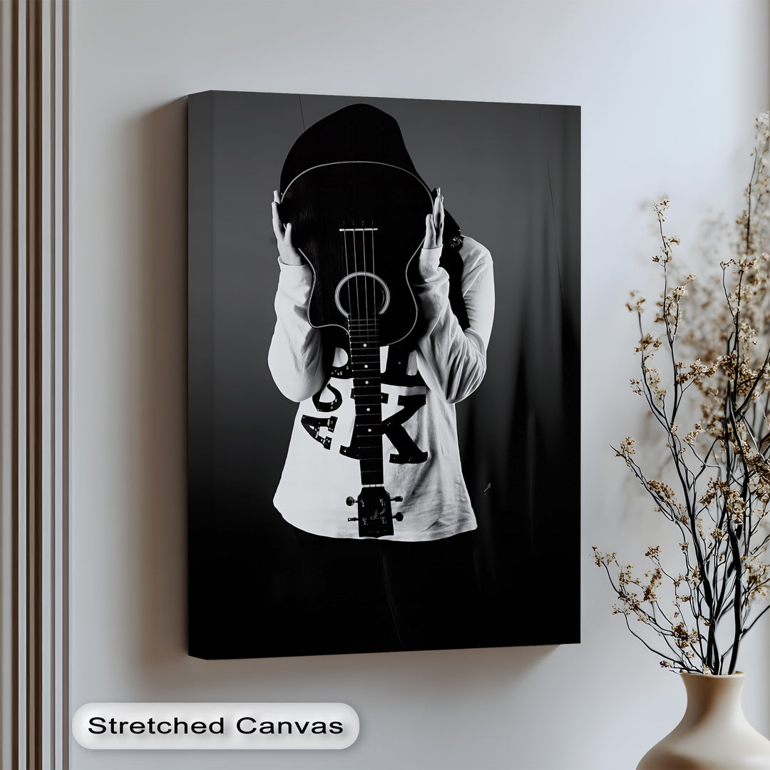 Strike a bold visual note with this high-contrast canvas wall art of music and mystery in black and white.

