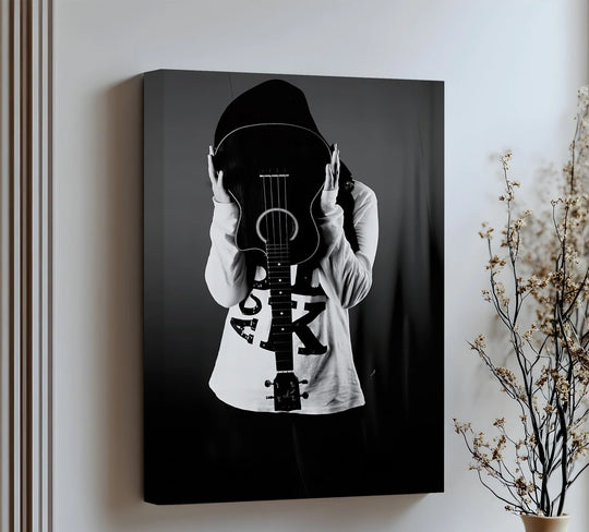 Desaturated grayscale tones highlight the textures in this bold 'Masked Identity' guitar fusion design, a striking example of canvas wall art.