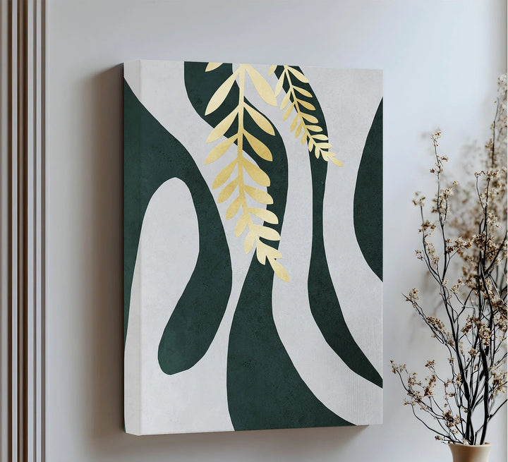 Golden Fern Over Emerald Flow – Minimal Botanical Canvas Print - MyPhotoStation