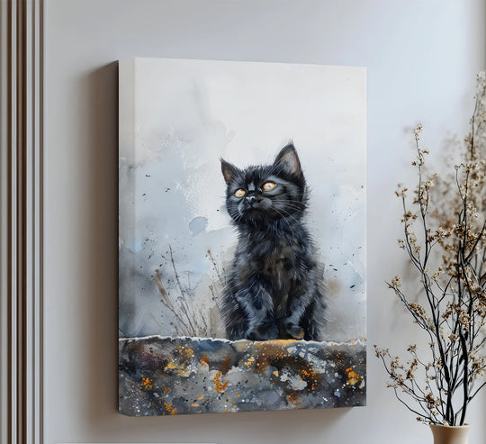 Brooding canvas artwork captures the contemplative mood of a golden-gazed midnight black kitten with amber eyes in a watercolor canvas print.