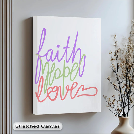 Stillness in the displayed canvas pictures is captured in this uplifting 'Faith, Hope, Love' inspirational canvas print, a serene art piece for contemplative spaces.