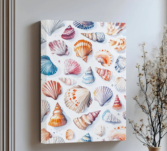 The colorful coastal shells, a playful sea-inspired canvas artwork, form a bright and cheerful central subject in this lively canvas print.