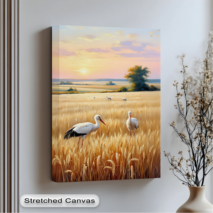 Golden Fields at Dusk – Stork Landscape Canvas Print