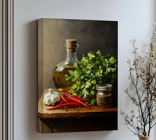 Dominated by earthen hues, this canvas painting showcases a rustic kitchen canvas print featuring olive oil, vibrant red chili peppers, and fresh green herbs.