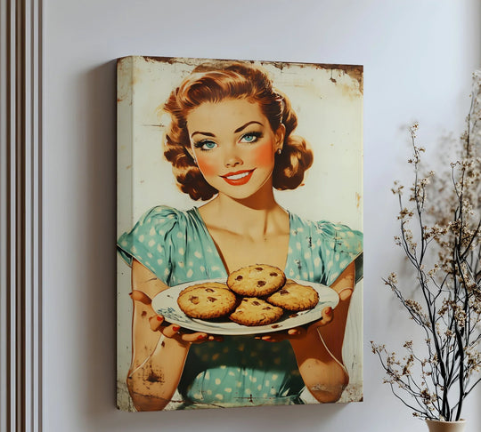 Light and shadow enhance the vintage charm of this 'Sweet Smile' retro cookie lady kitchen canvas print, presenting one of the best canvas prints for a nostalgic touch.
