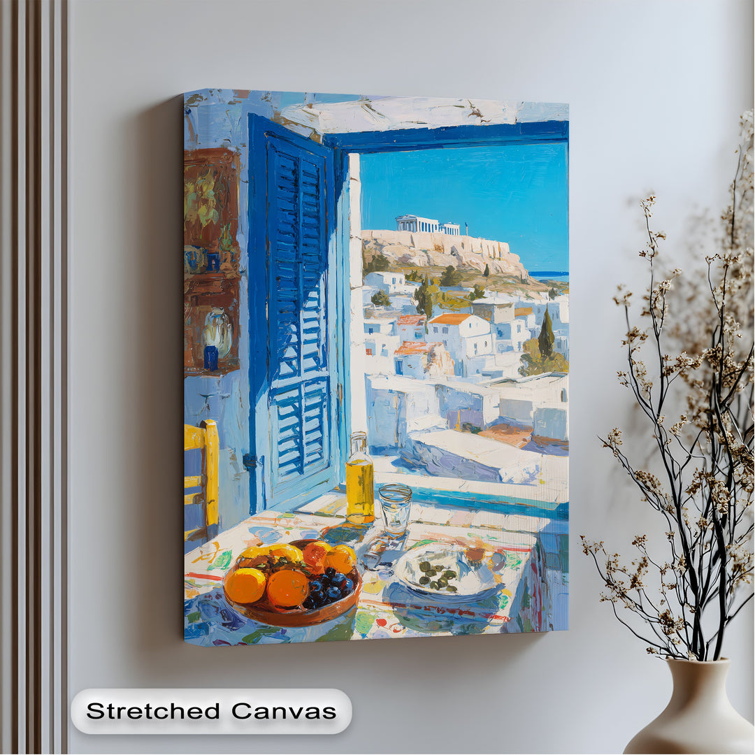 Bright blue window overlooking the Greek landscape is the loudest element in this stunning Greek Window View canvas art featuring a Mediterranean Santorini scene.