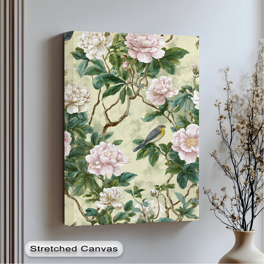 Brightest area shows the Peony Flowers and Bird botanical canvas wall art as one of the best canvas prints with pink and white flowers and a yellow bird.