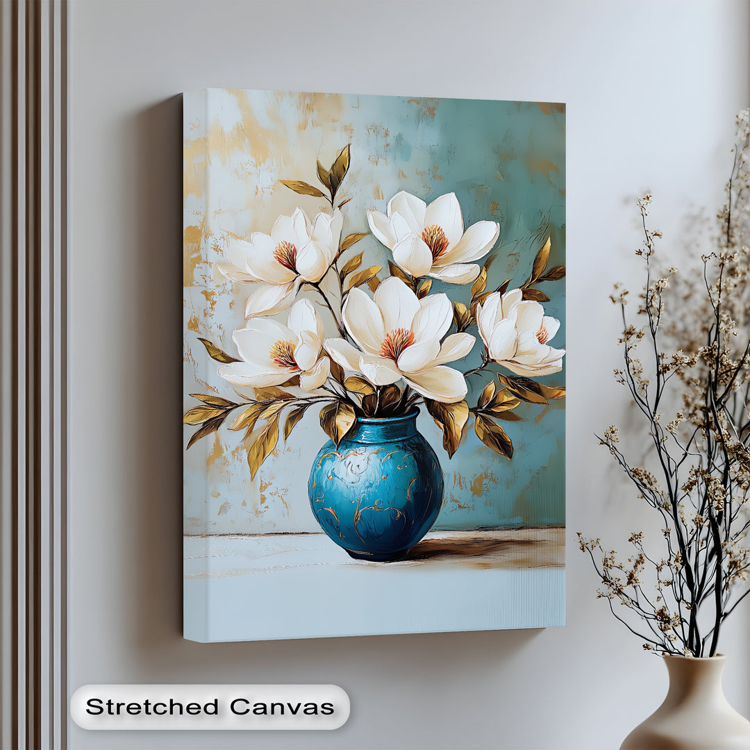 Magnolia Bloom in Cerulean Vase – textured botanical canvas print.

