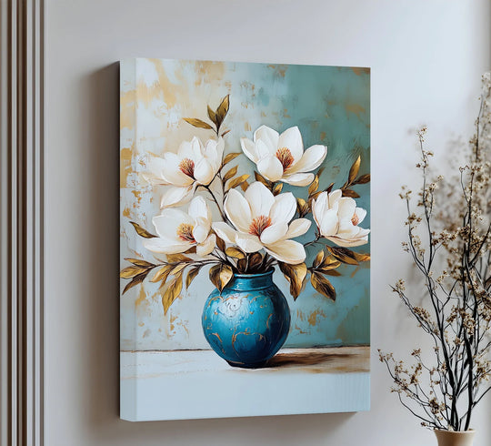 Magnolia Bloom in Cerulean Vase – textured botanical canvas print.

