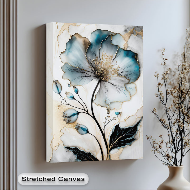 The focal point emphasizes an opulent blue and gold abstract floral canvas art, featuring a large bloom with gilded stamens and slender dark stems.