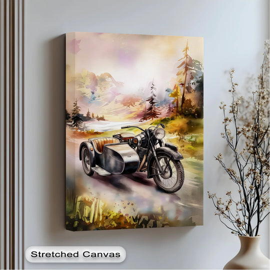 The retro motorcycle and sidecar exhibit stunning realistic detail within this car canvas print, enhancing the beautiful canvas wall decor of a scenic ride through the pines.