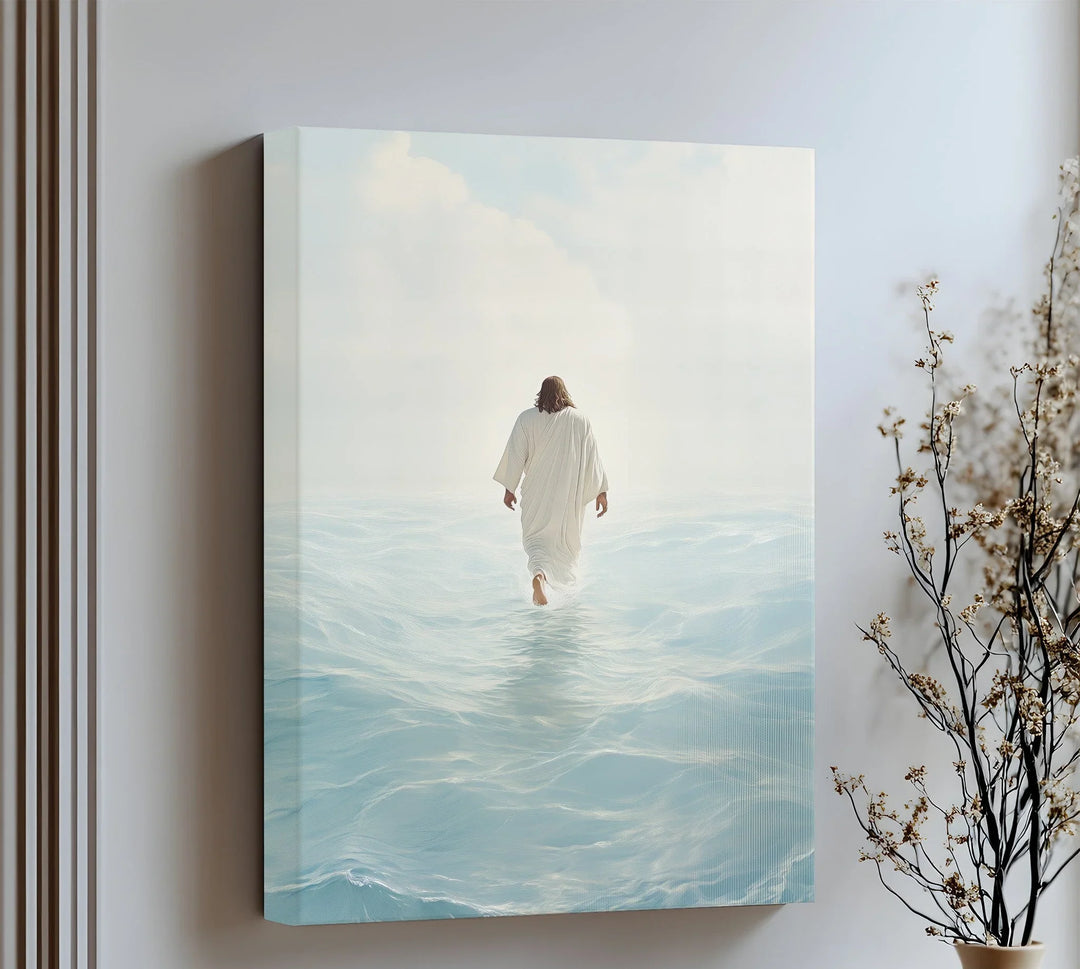 Walk into peace with this serene canvas wall art of Jesus on calming waters.

