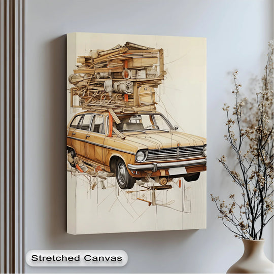 Highlighting the darkest area beneath the front tire of this car canvas print shows the artistic detail of the overloaded journey in a captivating framed canvas.
