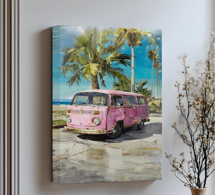 Pink Paradise Ride – Vintage Van by the Beach Canvas Print