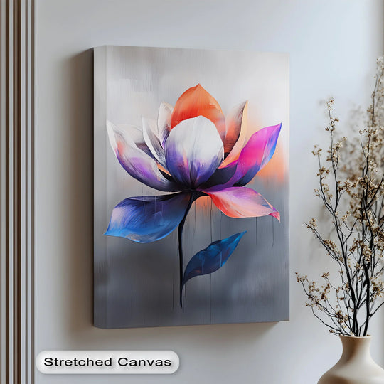 Featuring an abstract quality, this multicolor floral art presents a vibrant hanging canvas of the Radiant Lotus Bloom with dynamic brushstrokes.