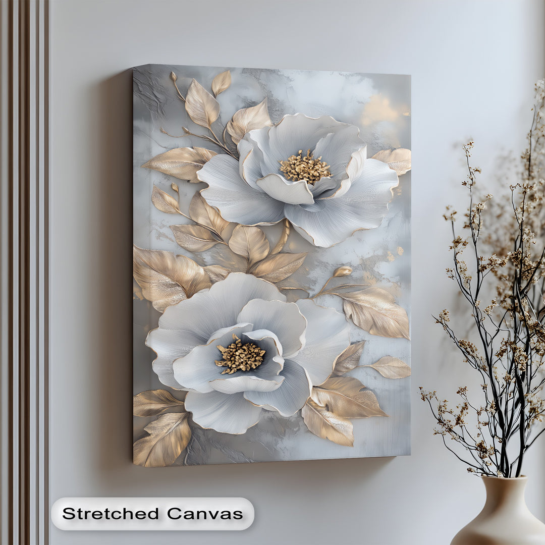 Golden Petals in Bloom – luxury blue and gold floral canvas print.

