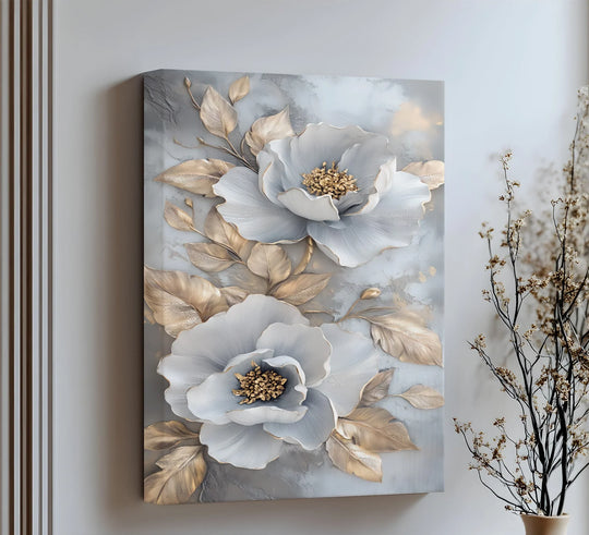 Golden Petals in Bloom – luxury blue and gold floral canvas print.

