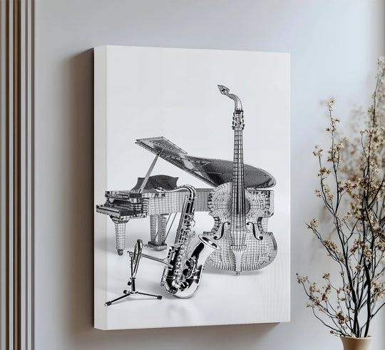 Finished with subtle detail, this jazz ensemble blueprint depicts a monochrome music instrument canvas print with piano, saxophone and bass visualized as canvas pictures.