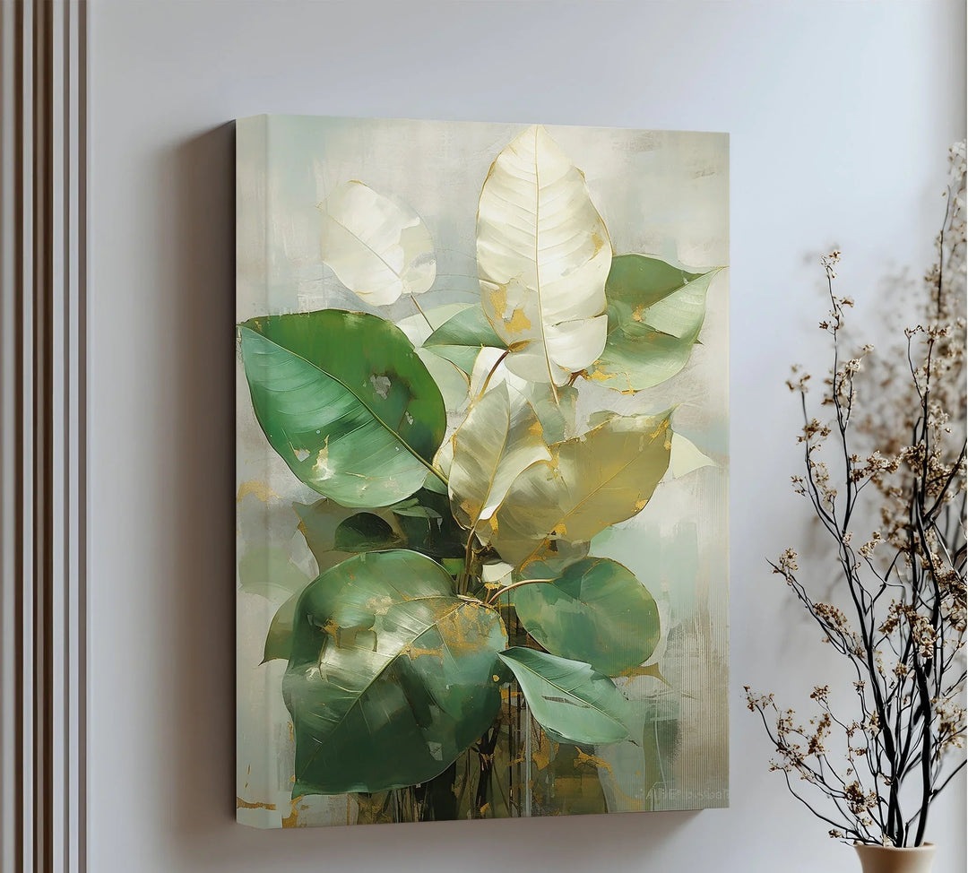 Golden-Edged Ficus Leaves – Elegant Green Botanical Canvas Print - MyPhotoStation
