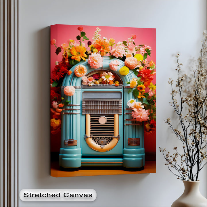 Floral Rhythm – Vintage Jukebox with Blooming Flowers Canvas Print