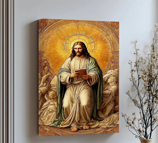 Intricate foreground details highlight the divine subject of the Christ in Radiant Light canvas artwork, creating a sacred focal point for this religious canvas print.
