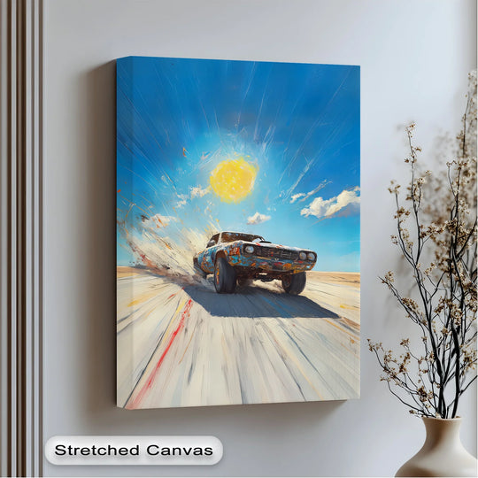 The stretched finish of this Desert Drift canvas print beautifully showcases the explosive muscle car in motion with premium canvas decor.