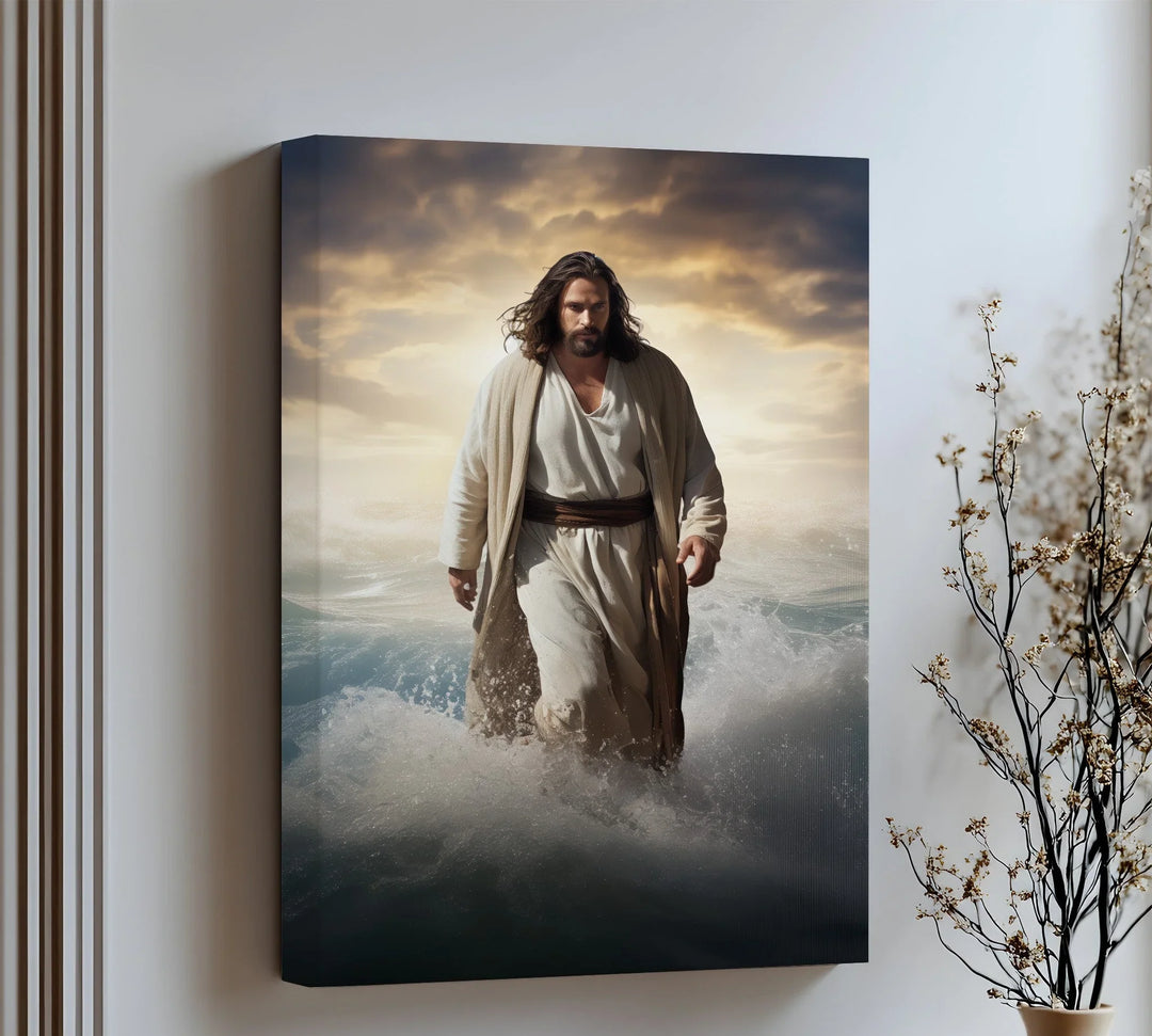 Experience divine calm with this breathtaking canvas wall art of Jesus walking powerfully across the sea.

