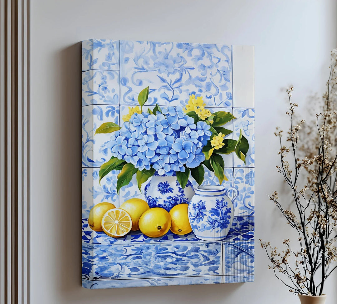 Lemon & Hydrangea Harmony – Blue Tile Floral Kitchen Canvas Print - MyPhotoStation