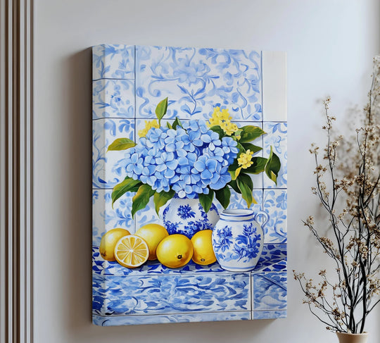 Framed to perfection, the edge of this big canvas prints shows a vivid Lemon & Hydrangea Harmony canvas art print on the border.
