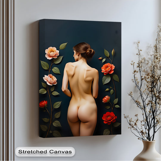 Presenting the 'Stretched Canvas' close-up, showcasing floral reverie, nude artwork, with a romantic and captivating print, highlighting unique canvas art prints.