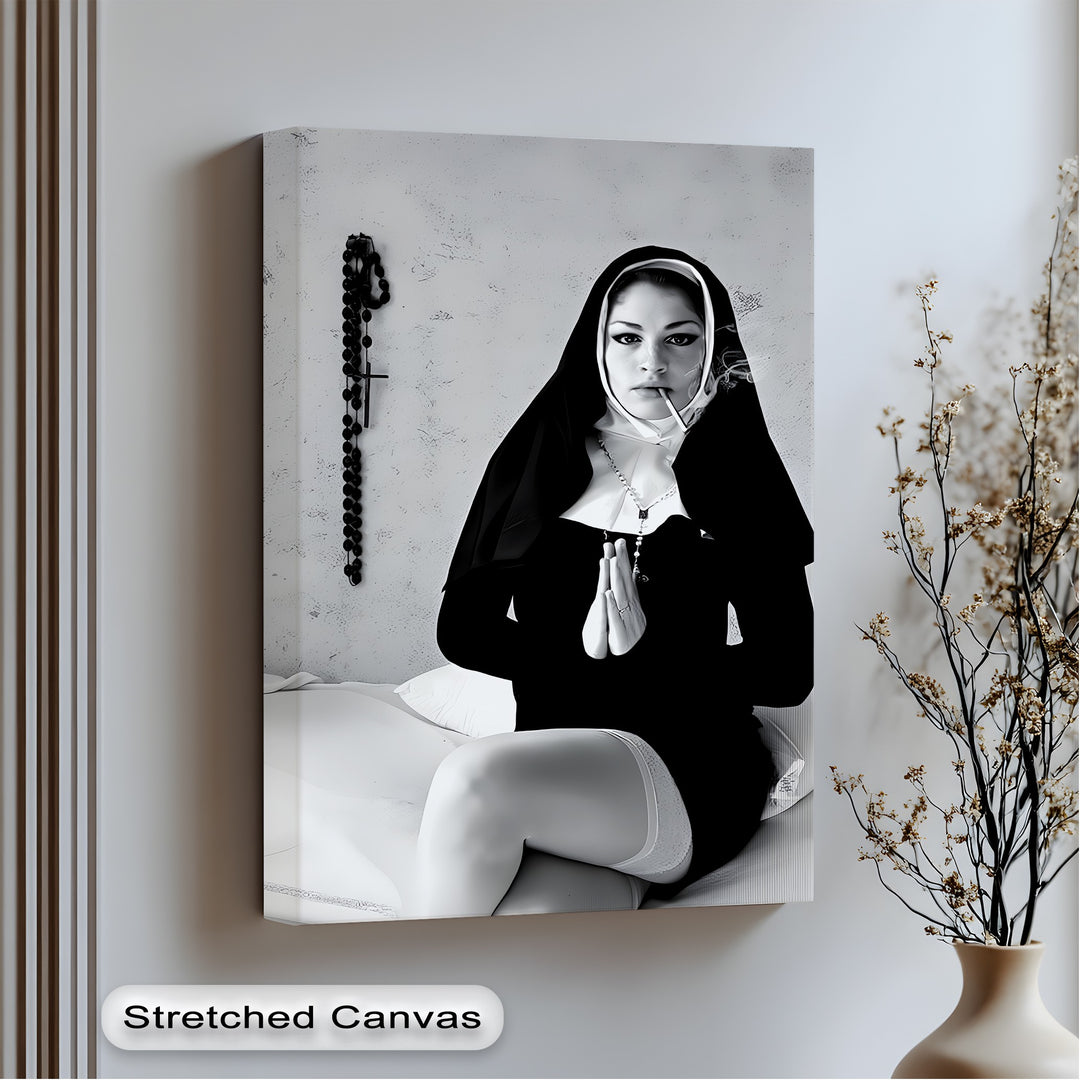 provocative nun-inspired erotic canvas wall art black and white framed artwork