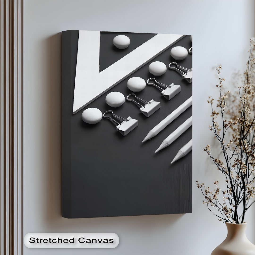 Add sleek sophistication to your space with this modern canvas wall art featuring geometric stationery in monochrome.

