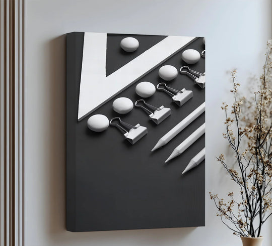 Set against a stark white wall, the contemporary monochrome canvas art prints feature a minimalist design, creating a visually striking background.