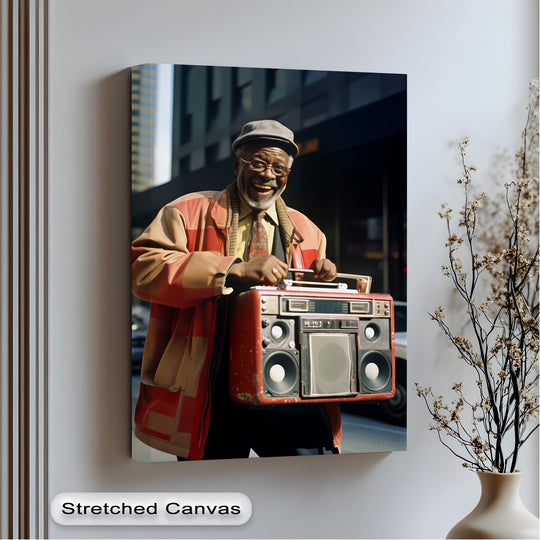 Sunlight casts stark shadows across the unique canvas print depicting a smiling man holding a red boombox, accentuating the urban retro street art.