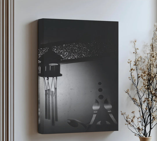 Subtle shading emphasizes the transition between colors in this evocative canvas artwork of silent chimes, casting shadows on a windy evening, printed on high-quality canvas.