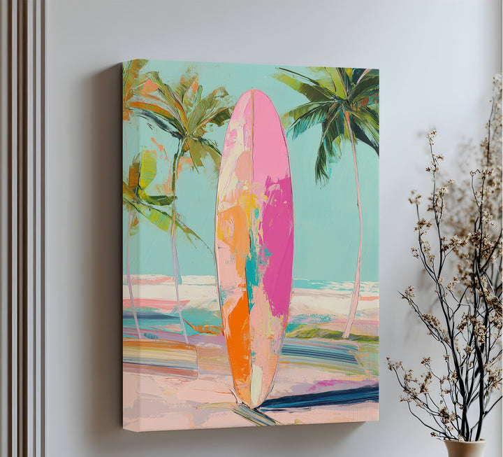 Sunset Ride – Vibrant Surfboard Beach Scene Canvas Print