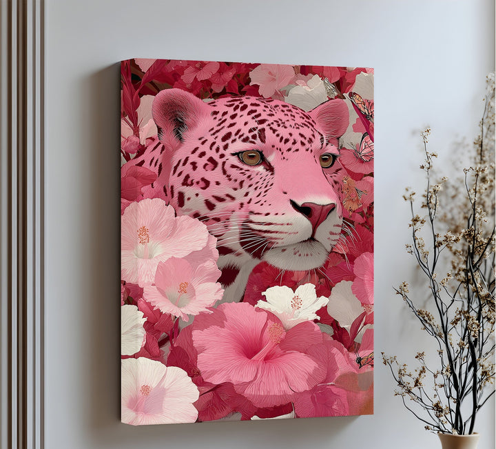 Blush Predator – Pink Leopard in Hibiscus Jungle Canvas Print