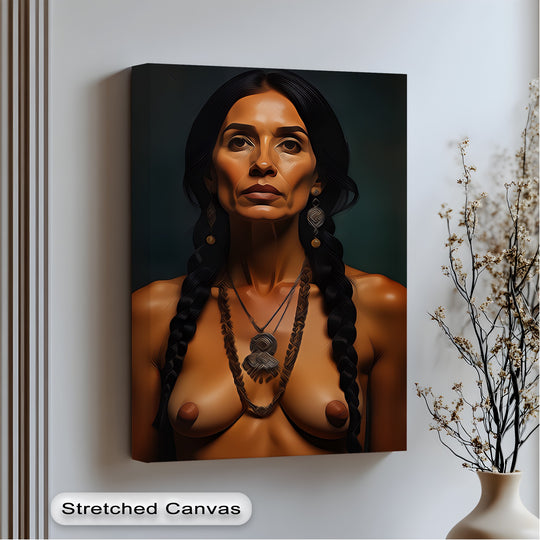 Visual rhythm creates a captivating flow in the 'Warrior Grace' nude figure canvas art prints, with the braids and jewelry echoing patterns of strength and beauty.