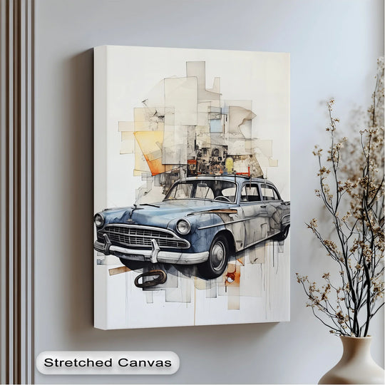 Showcasing the realistic detail, this canvas painting portrays an 'Urban Mechanic Memory' with a classic car artfully rendered on a stretched canvas print.