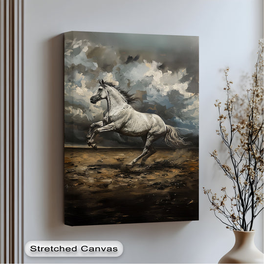 Canvas wall art white horse in storm and thunderous landscape horse canvas print for bold interiors
