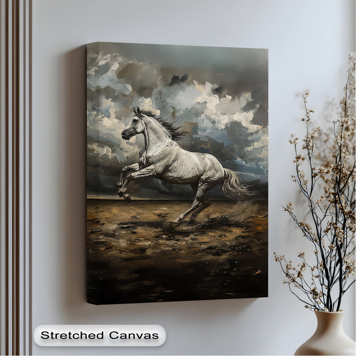 Majestic White Horse in Thunderous Landscape - Horse Canvas Print