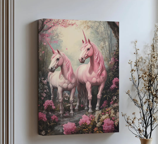 Softly cascading blossoms amplify the gentle movement of the pink manes as these unicorns traverse the enchanted forest in this captivating canvas wall decor.