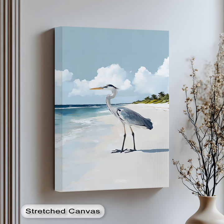 Coastal Heron Under Blue Skies – Tropical Beach Canvas Print