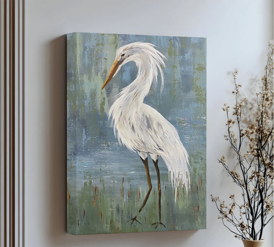 Elegant white heron, the loudest element on the minimalist bird framed canvas print, offers a calming and graceful presence with a striking design.