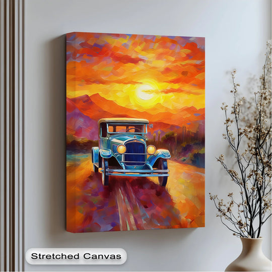 Sunset Journey – Vintage Car on Painted Desert Road Canvas Print - MyPhotoStation