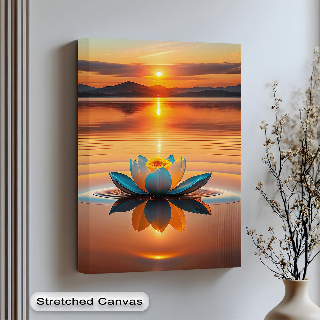 The abstract quality of this captivating big canvas print highlights a vibrant stylized lotus reflecting on serene water beneath a glowing sunset.