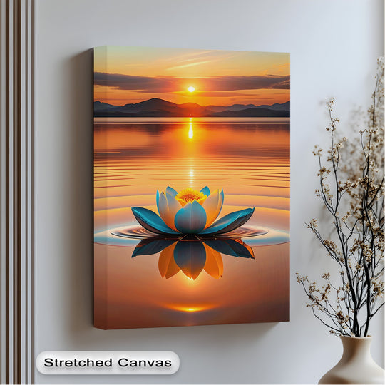 The abstract quality of this captivating big canvas print highlights a vibrant stylized lotus reflecting on serene water beneath a glowing sunset.